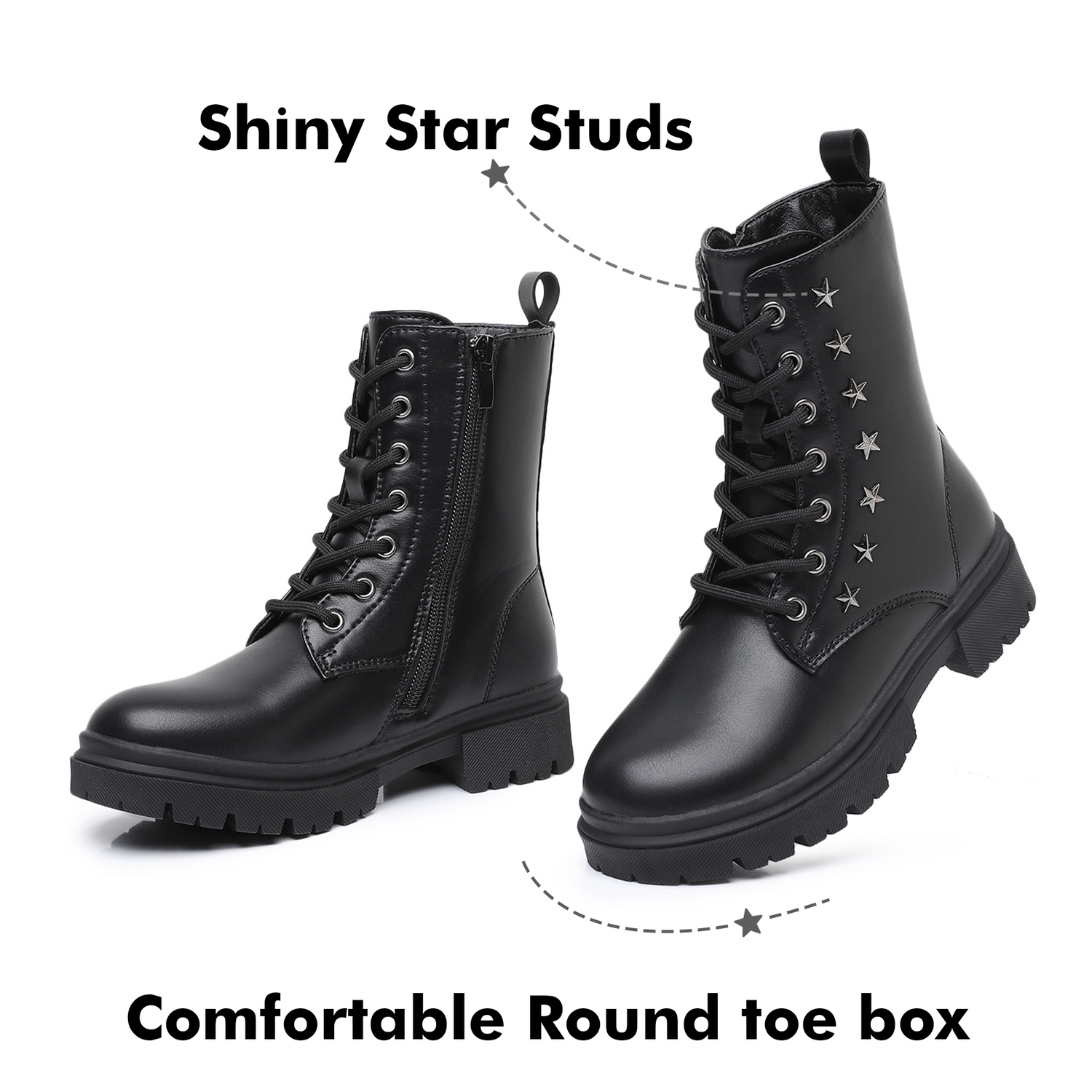 Ahannie Girls Combat Boots, Kids Black Boots with Side Zipper