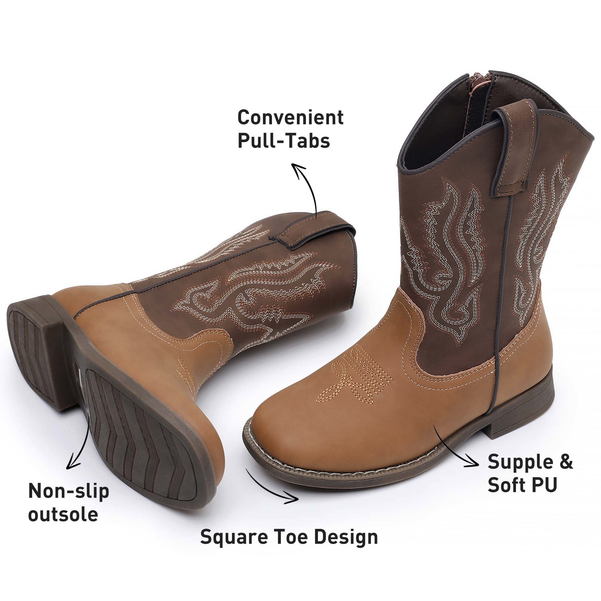 Ahannie Western Square Toe Kids Cowboy Boots - 818 Brown&Tan